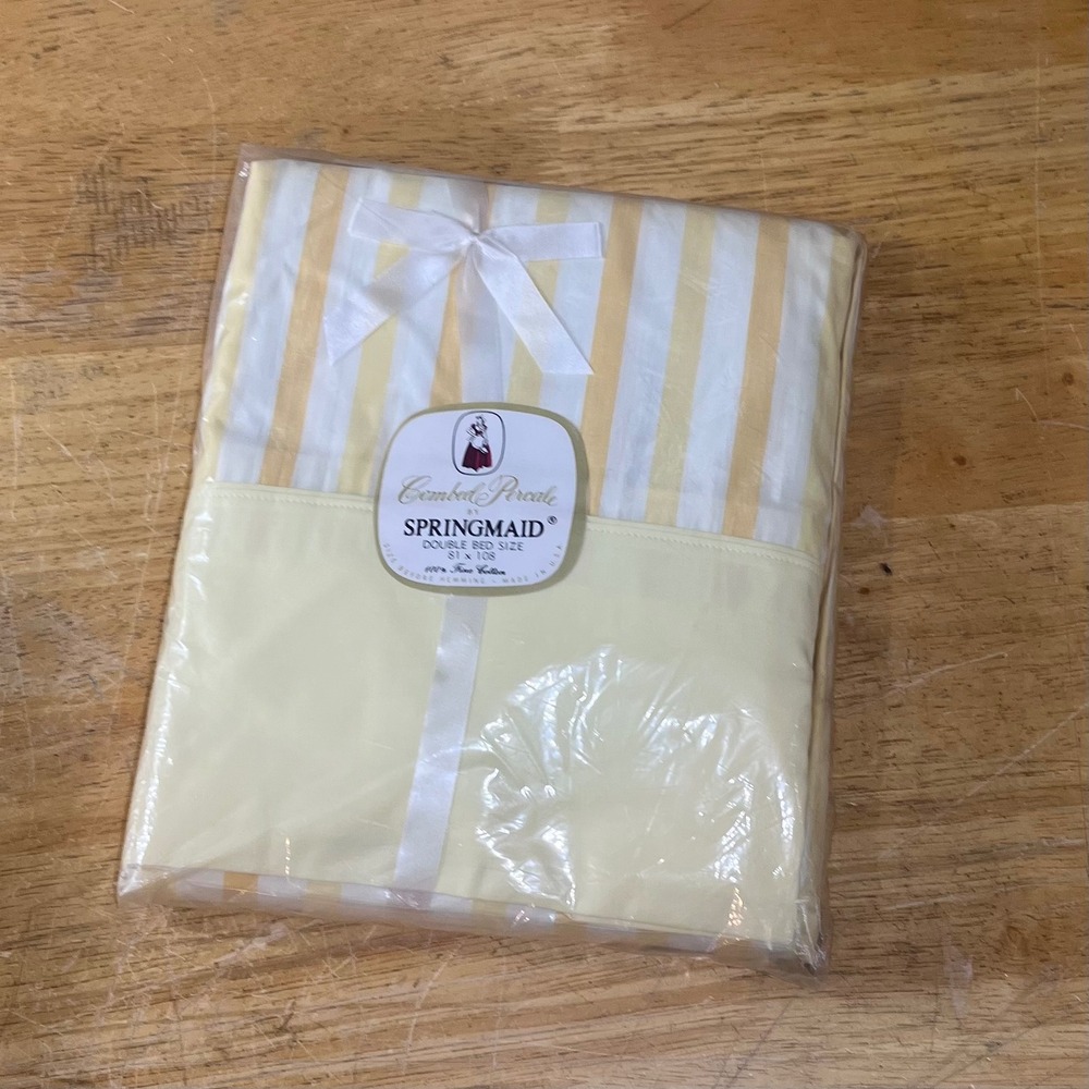 Vtg Springmaid Yellow White Striped Cotton Percale Double Flat Sheet NOS MCM